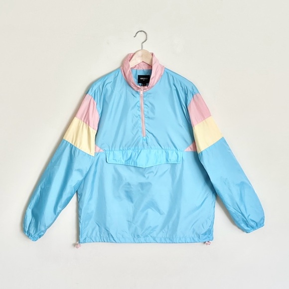Forever 21 Men Pastel Retro Blue Pink Yellow Windbreaker Jacket Men’s size Large - Picture 1 of 11